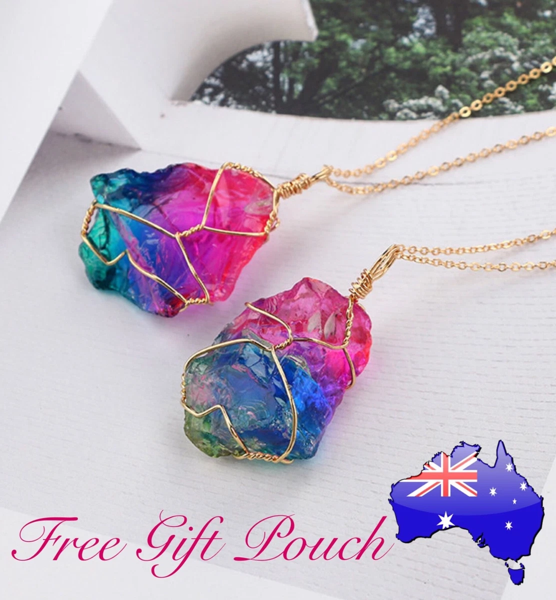 Rainbow Stone Natural Crystal Quartz Chakra Rock Healing Gold Pendant Necklace