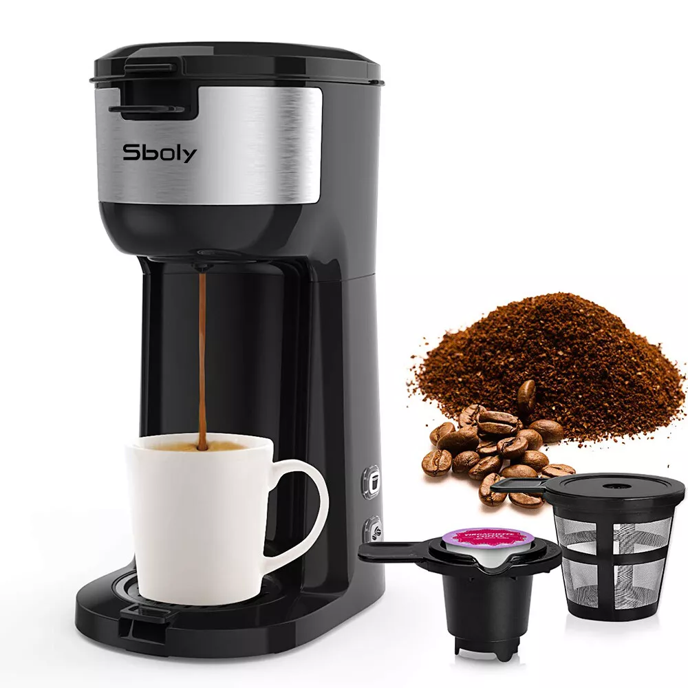 Sboly Single Serve Coffee Maker, Instant Coffee Maker One Cup for K Cup &  Ground Coffee, 6 to 12 Oz Brew Sizes, Capsule Coffee Machine with Water