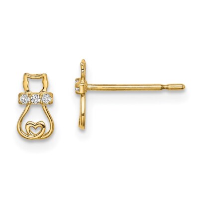 Madi K Kid's  Earrings 14k Yellow Gold  White CZ Cat with Heart Tail Post