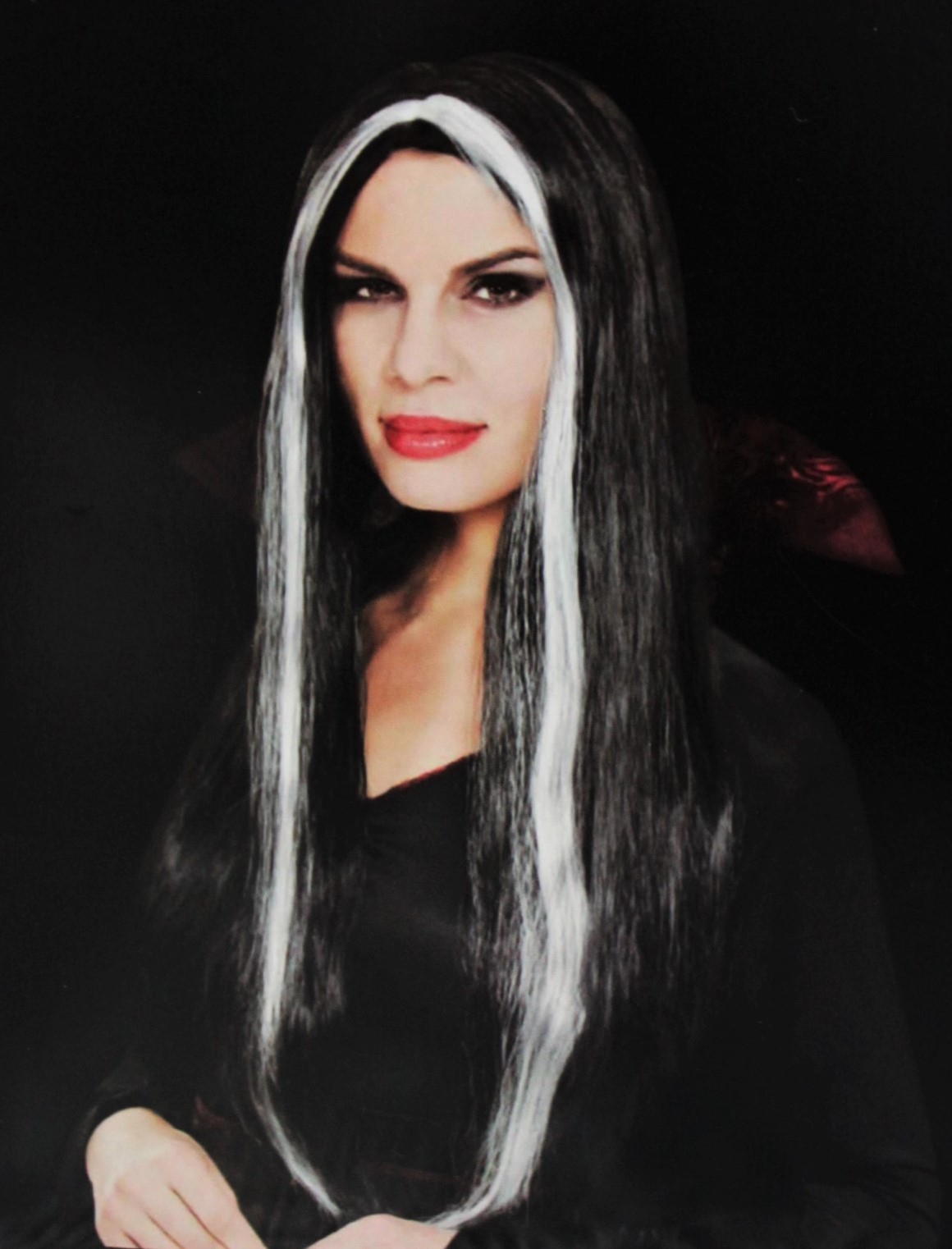 LONG BLACK HAIR WHITE STREAK WIG Adult Women Straight Vampire Cosplay  Gothic NEW 49022840492 | eBay