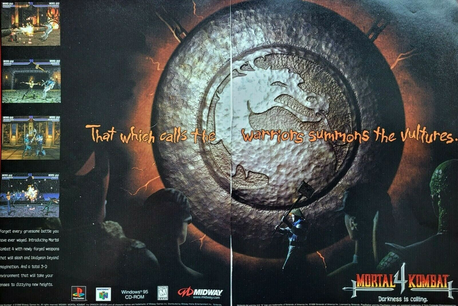 1998 MORTAL KOMBAT 4 Nintendo N64 PSP Video Game = Promo 2pg Print AD/Poster