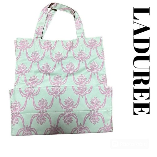 LADUREE Paris TOTE Bag Eiffel Tower charm 24cm Green Pink Flower bouquet New - Picture 3 of 5