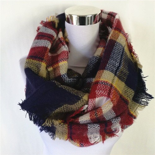 Women Infinity Scarf Plaid Blanket Scarves Acrylic Loop Tartan Neck Warmer 1Pc - Picture 5 of 26