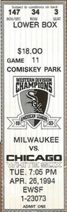 Alex Fernandez SHO WIn #45 4/26/1994 Brewers at White Sox Ticket Stub