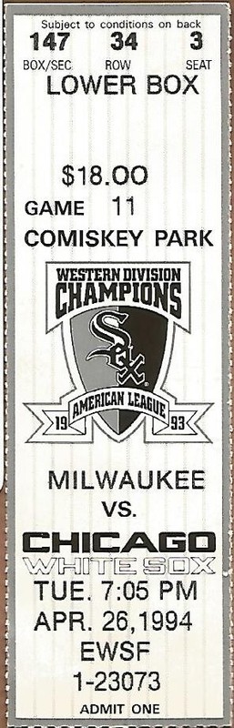 Alex Fernandez SHO WIn #45 4/26/1994 Brewers at White Sox Ticket Stub