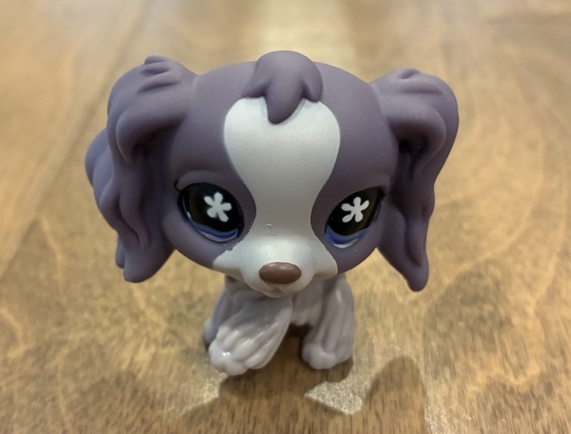 Littlest Pet Shop LPS Cocker Spaniel Dog Purple Flower Eyes Blue #672 Hasbro