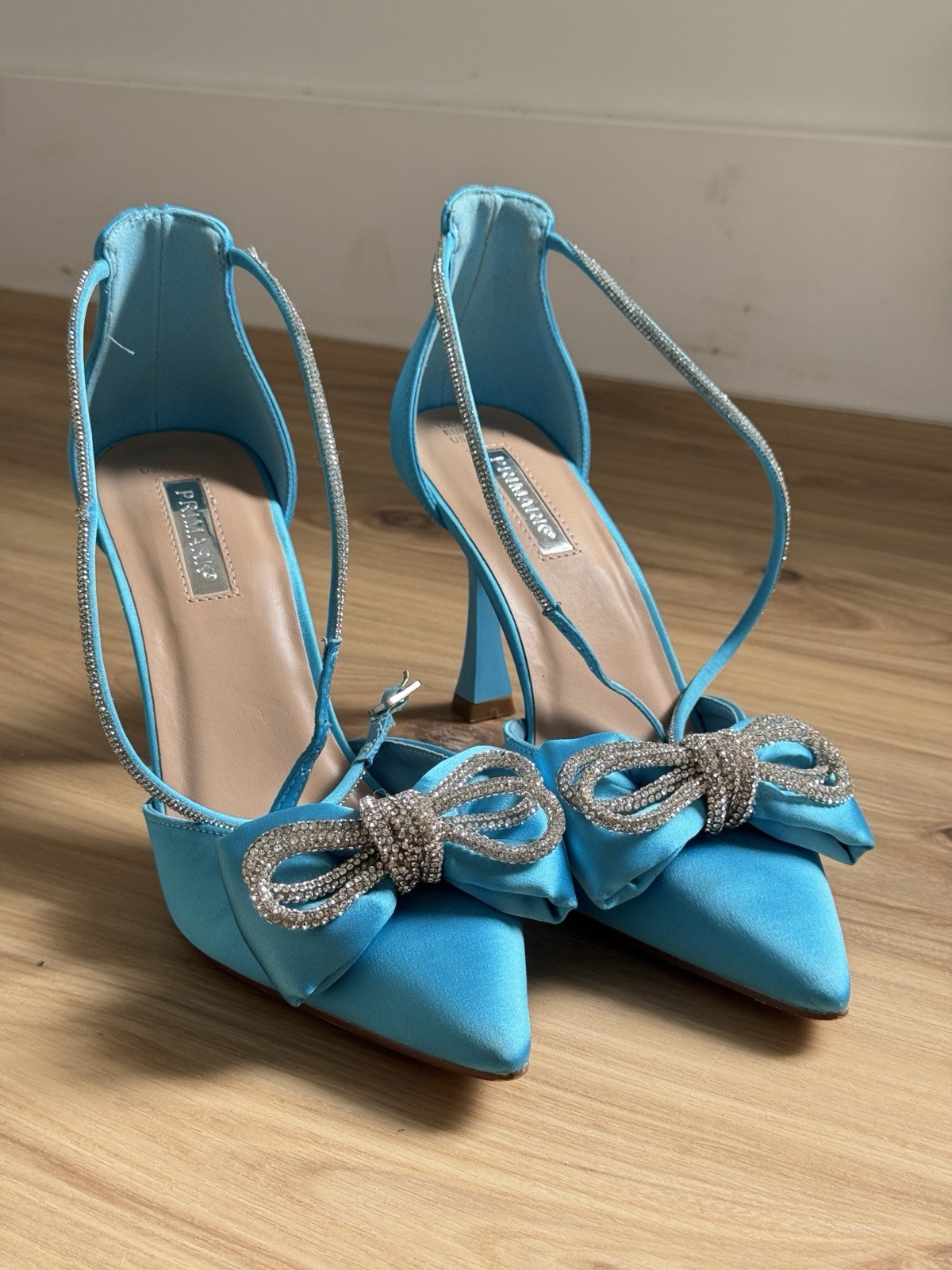 Primark Rhinestone Bow Ankle-Strap Heels in Aqua Blue – Size 7