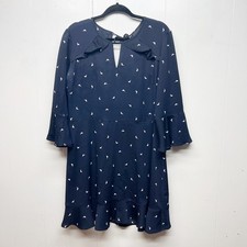 A New Day Bird Print Navy Blue Long Sleeve Women's Dress Large Chiffon Novelty