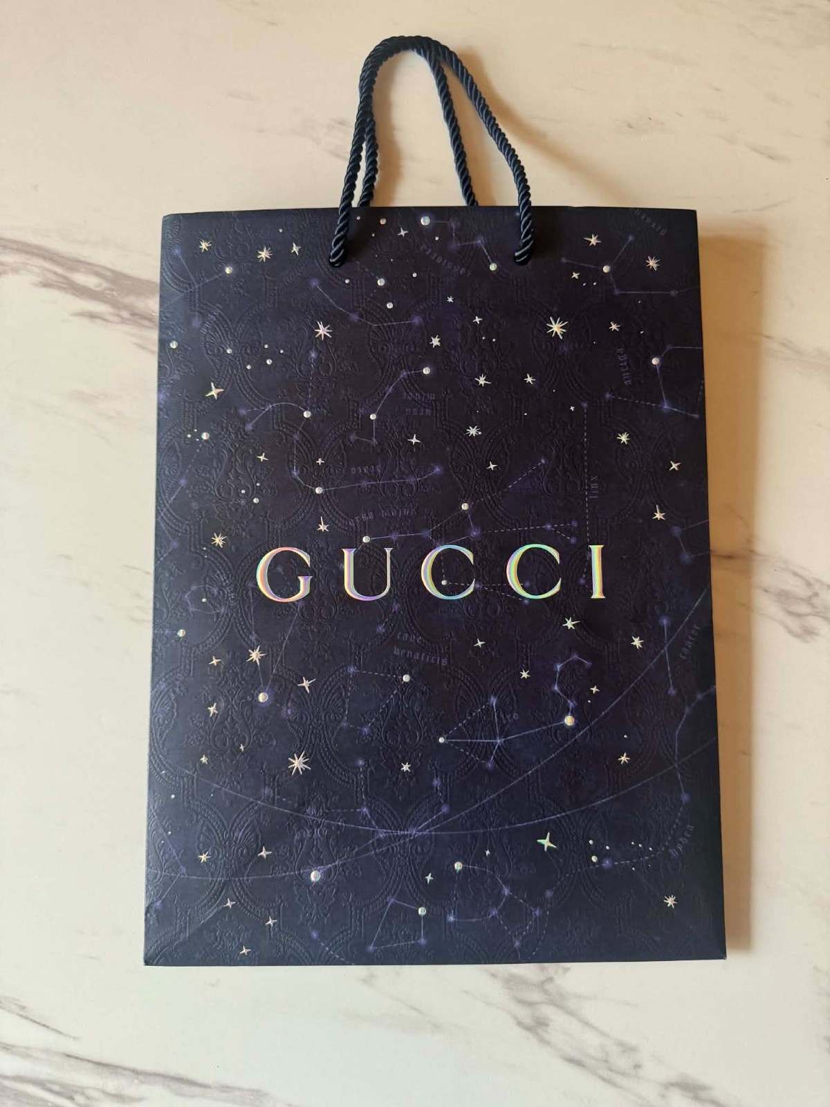 GUCCI BORSA REGALO SHOPPING CARTA AUTENTICA GOFFRATA BLU CON STELLE 10" x 14" x 5"