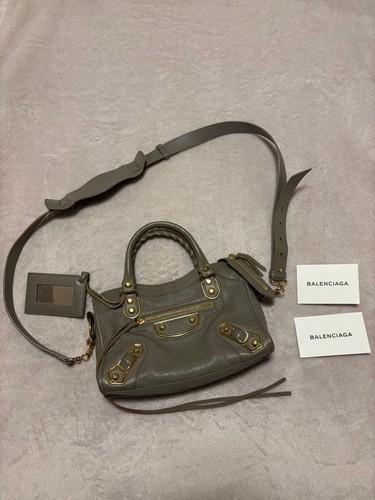 BALENCIAGA Shoulder Bag Handbag Classic Metallic Edge Mini City Darkgray w/Strap