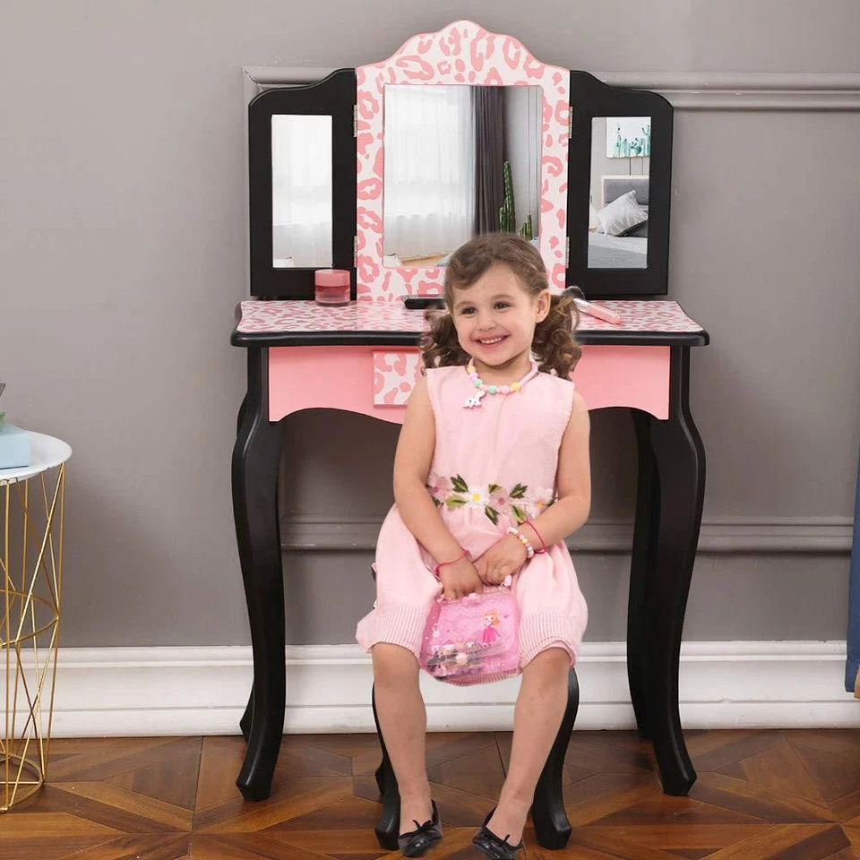 Toddler Vanity Table Chair Set Makeup Mirror Dressing for Kids Girls Xmas Gifts