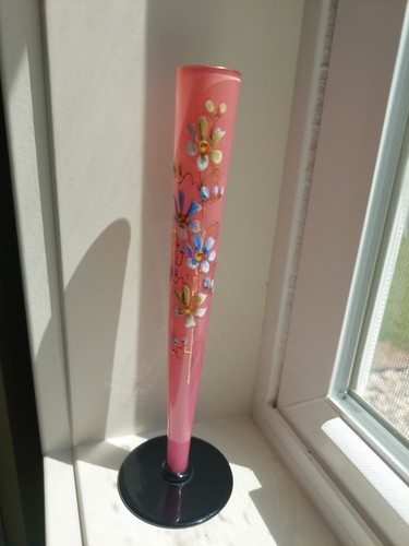 Vtg Czech? Tango Glass Bud Vase Art Deco Floral Pink Black 8" Tall Tapered - Picture 13 of 13