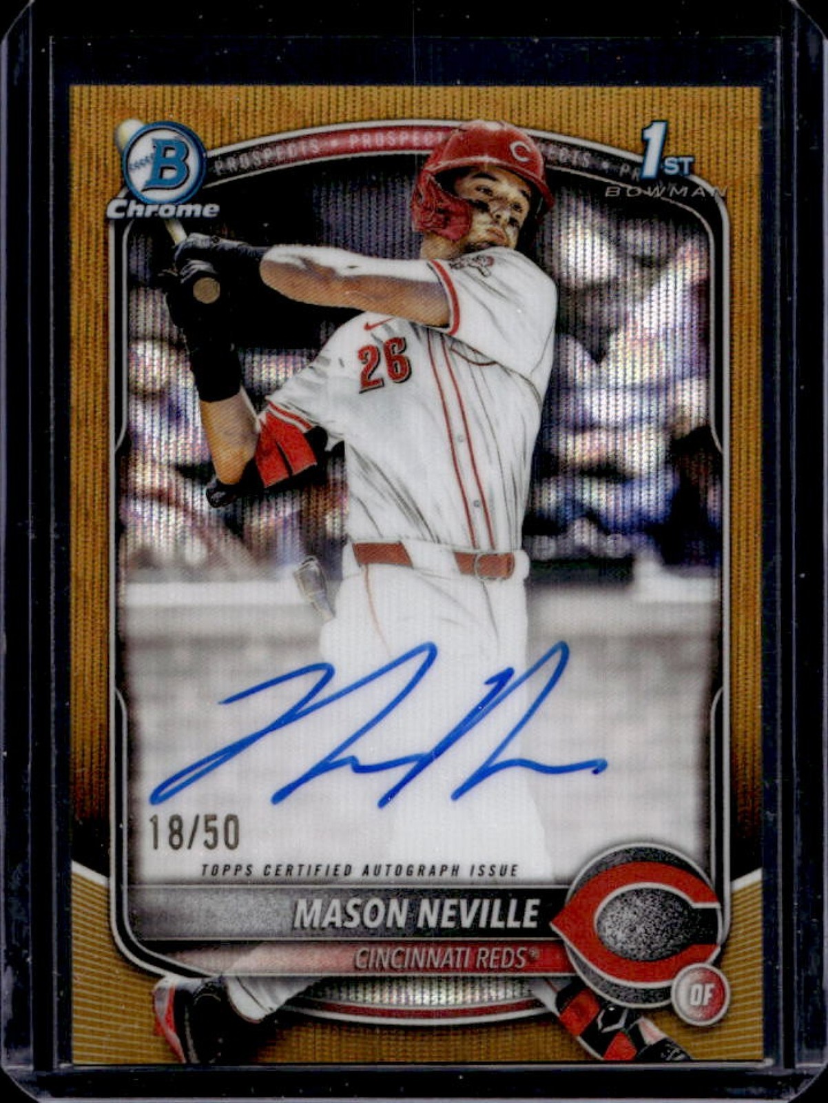2025 Bowman Draft Mason Neville Chrome Auto Gold Wave Refractor 1st #/50 Reds