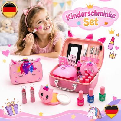 Mädchen Schminkkoffer Waschbar Kinderschminke Set Einhorn Kosmetiktasche Spiel