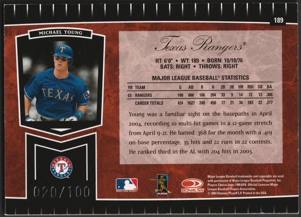 Michael Young 2004 Leaf Certified Cuts Marble Signatures Red Auto /100 Rangers🔥 - Image 2 of 2