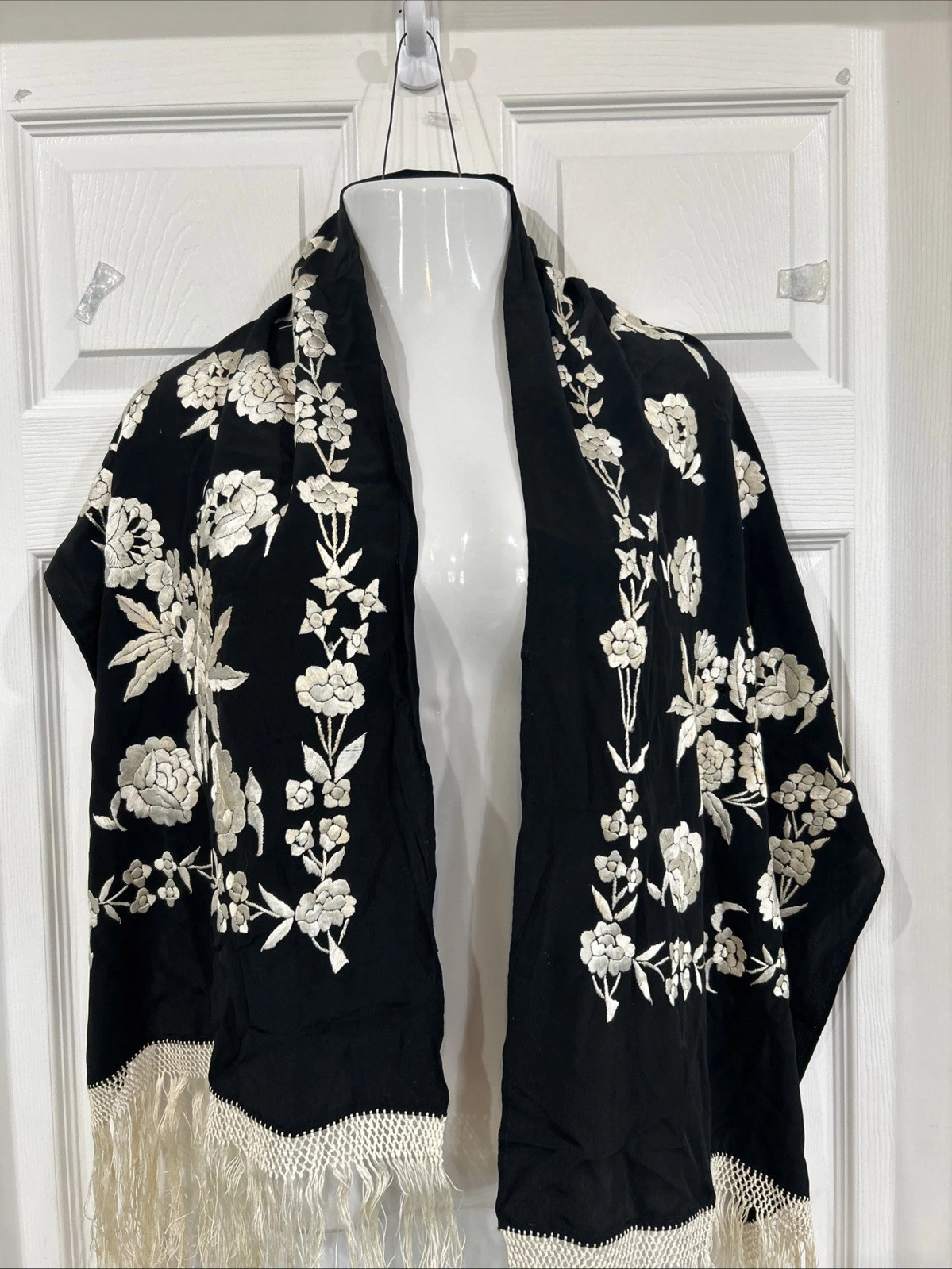 Vintage Black Embroidered Wrap Floral Scarf Shawl Ivory Fringe 17" X 56" Holes
Opens in a new window