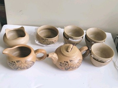 Vintage Chinese Yixing Zisha Clay 9 Piece Tea Set Lotus Teapot Pitcher Cups WTag