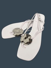 Anthro Jeffrey Campbell Chance White Strappy Flat Sandal shoes Silver Disc 9