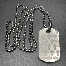 Simmons Stainless Steel Cross Print Dog Tag w/ Diamond Accent Pendant Necklace