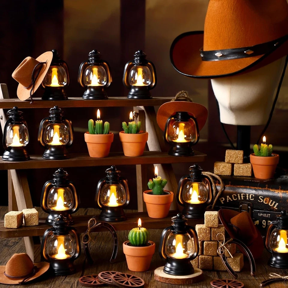 128 Pcs Rustic Cowboy Party Decor Set - Lanterns, Horseshoes & Cactus Tealights - Image 4 of 4