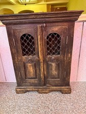 RARE Indian Vintage  Wooden Side Cabinet with Arched Metal Grate Window Door