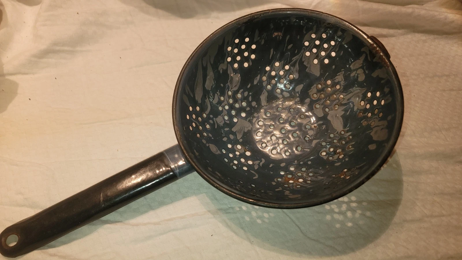 6 3/4" blue/gray Speckled Enamel strainer