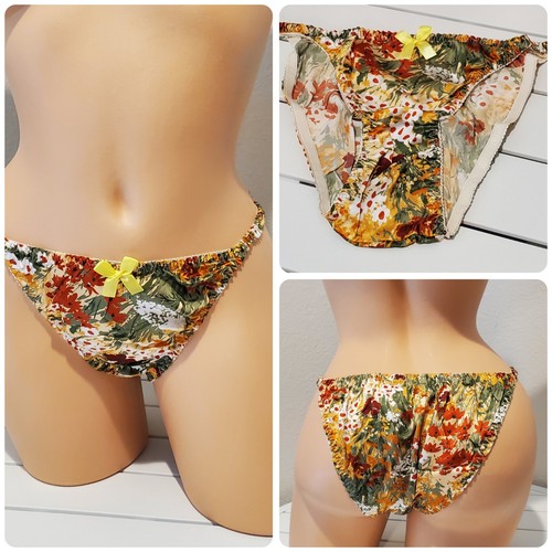 Glänzende doppelte SEIDE Zwickel String Bikini Höschen Blumenmuster 7/L mehrfarbig - Bild 1 von 5
