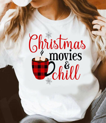 NEW! Christmas Movies and Chill Buffalo Plaid Design T-Shirts Sweatshirts S-3XL - Picture 1 of 5