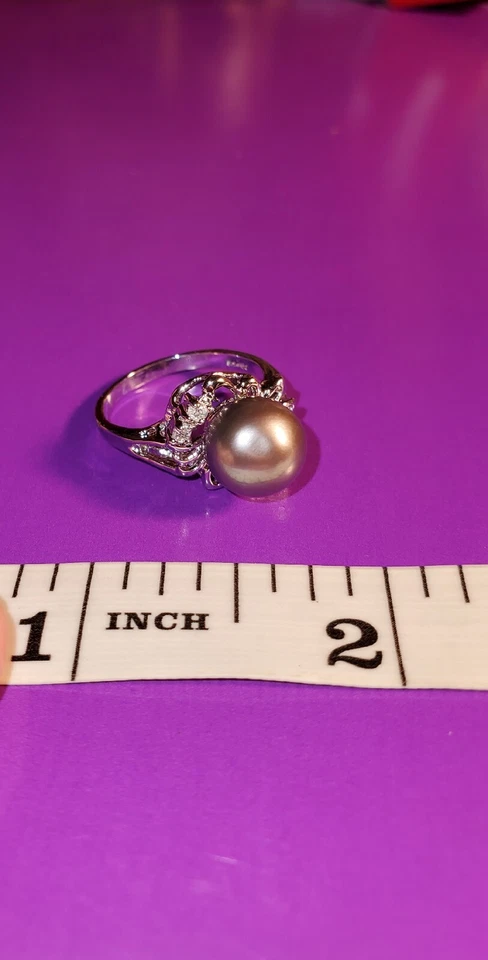 18 K White Gold VINTAGE 1990S 18KP WHITE GOLD TAHITIAN PEARL RING TWO DIAMONDS  - Image 2 of 4