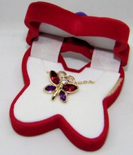 Red  Purple Butterfly Pendant Necklace w/ Red Velour Keepsake Gift Box NEW