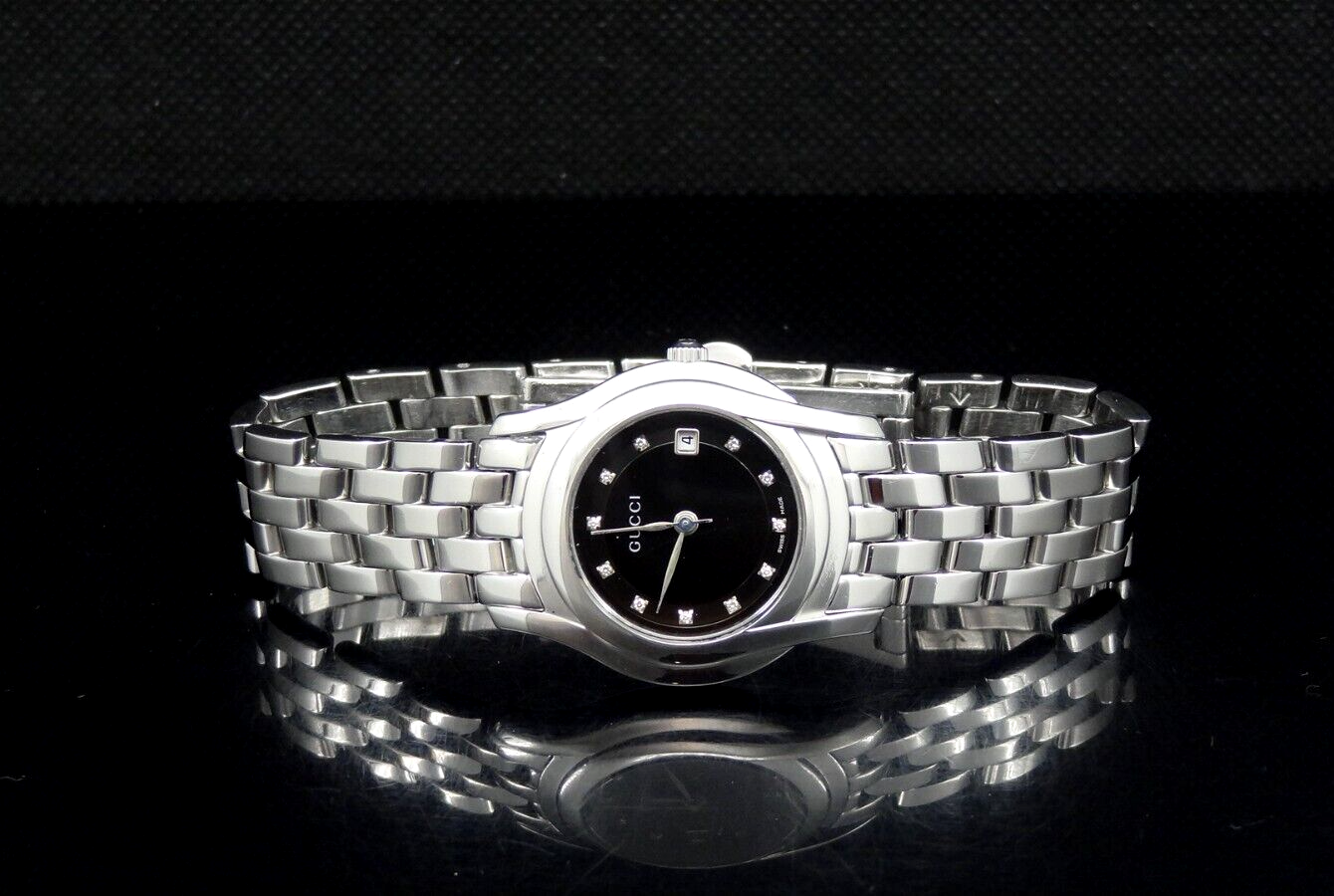 Gucci YA055504 Diamond Date Silver Tone Black Dial Women's Watch 5500L Series