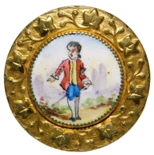19th C. Antique Hand Painted Enamel Boy w/a Gilt Brass Ivy Border BUTTON NICE