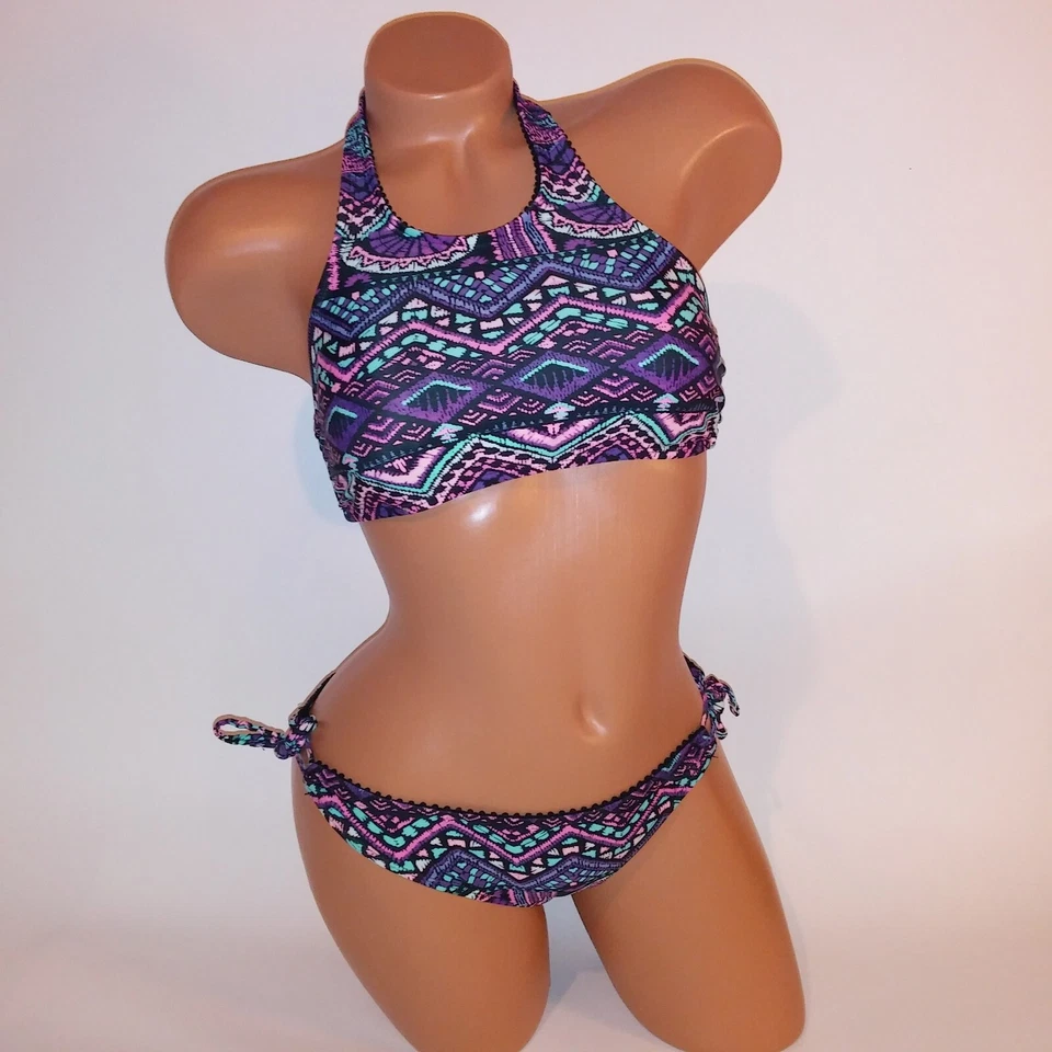 SO Bikini de Natación Pequeño Top e Inferior Halter Colorido Geo Lateral Corbata Inalámbrica Foto 2 de 4