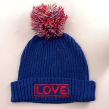 Pom Pom Winter Cuff Hat LOVE red white mostly blue