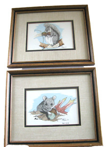 Vintage 2 framed watercolor prints by Kentucky artist Linda Pierce a squirrel