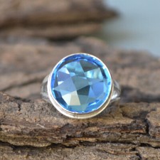 Checker Cut Round Blue Quartz 925 Sterling Silver Artisan Handmade Gift Ring