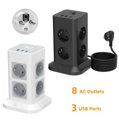 8 Fach Steckdosenturm USB C Mehrfachsteckdose Tower 2M Schwarz Grau für Zuhause