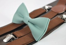 Sage Green Cotton Bow tie  Brown Elastic Suspenders Braces for Men Youth or Boy