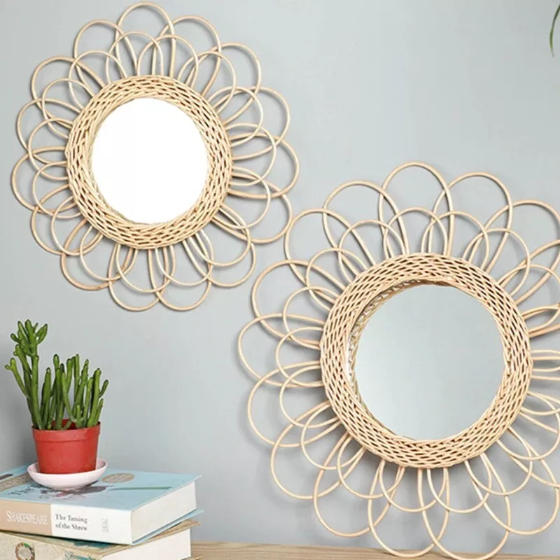 Sun Shape Decorative Mirror Wall Hanging Bathroom Dressing Rattan