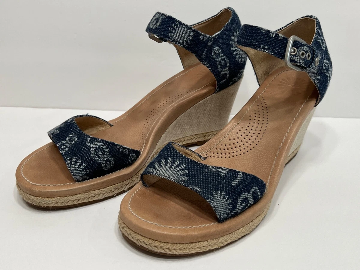UGG Australia Atasha Denim Platform Wedge Sandals Logo Signature Size 8.5