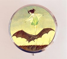 Girl Riding Bat Pill Box Case Pillbox Holder Trinket Fairy Tale Fairytale