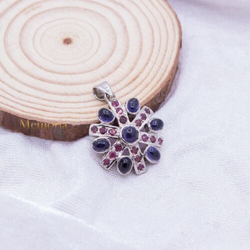Precious Amethyst &Ruby Gemstone Pendant Floral 925 Sterling Silver Pendant Gift - Picture 1 of 7