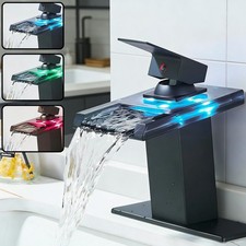 Black Bathroom Sink Faucet LED Waterfall Lavatory Vanity Mixer Taps w/6'' Cover