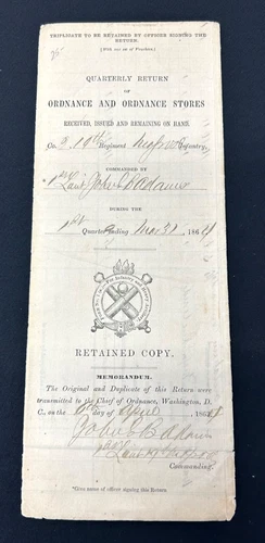 1864 Civil War Quarterly Return Of Ordnance & Ordnance Stores Document