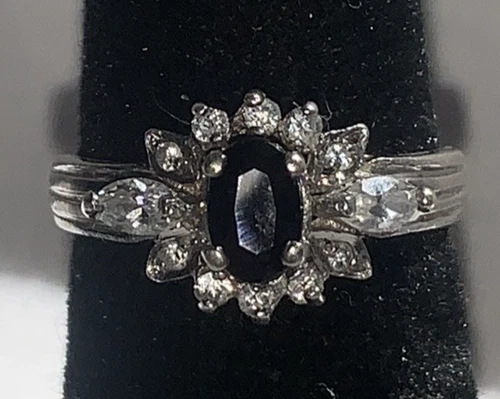 Vintage Sterling Silver & Black/Clear Stone Ring - Size 6
