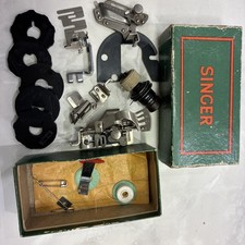 SINGER Vintage Green Box of Sewing Machine Parts & Accessories - Ruffler - Etc