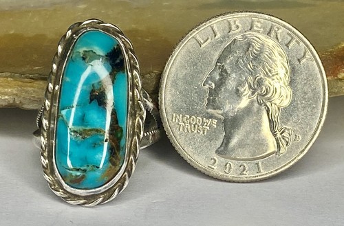 Anello Navajo vintage fatto a mano lungo ovale blu turchese gambo diviso misura 5 - Foto 12 di 17