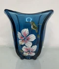 SIGNED! HTF! FENTON Indigo Blue Glass Vase ORCHID FLORAL w/ HUMMINGBIRD 7" Tall