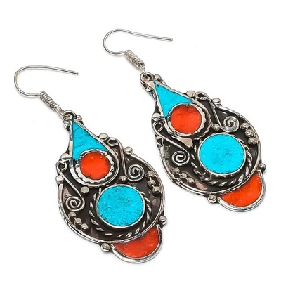 Boucles d'oreilles corail rouge turquoise Bahamas tibétains bijoux népalais... - Photo 1/4