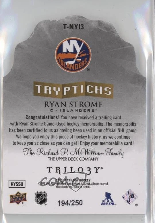 2015-16 Upper Deck Trilogy Tryptichs Jersey /250 Ryan Strome #T-NYI3 - Image 2 of 2